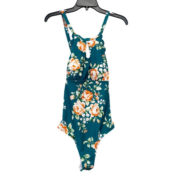 Cupshe Women's Teal Floral Scalloped One Piece Swimsuit Size Medium - Picture 1 of 7